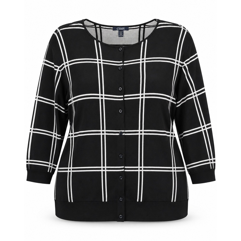 Chaps Navy White Windowpane Plaid Cotton Cardigan Sweater 2X Plus 3/4 Sleeve